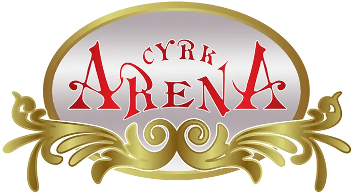 Logo cyrku. Napis cyrk w cyrkowym ozdobnej ramce. Złoto czerwony z jasnym tłem.